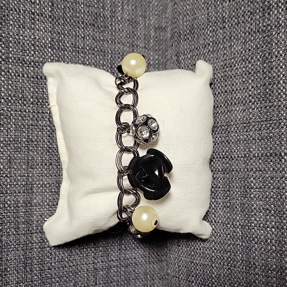Silvertone Chain Bracelet with Black Roses and Faux Pearls and Crystals